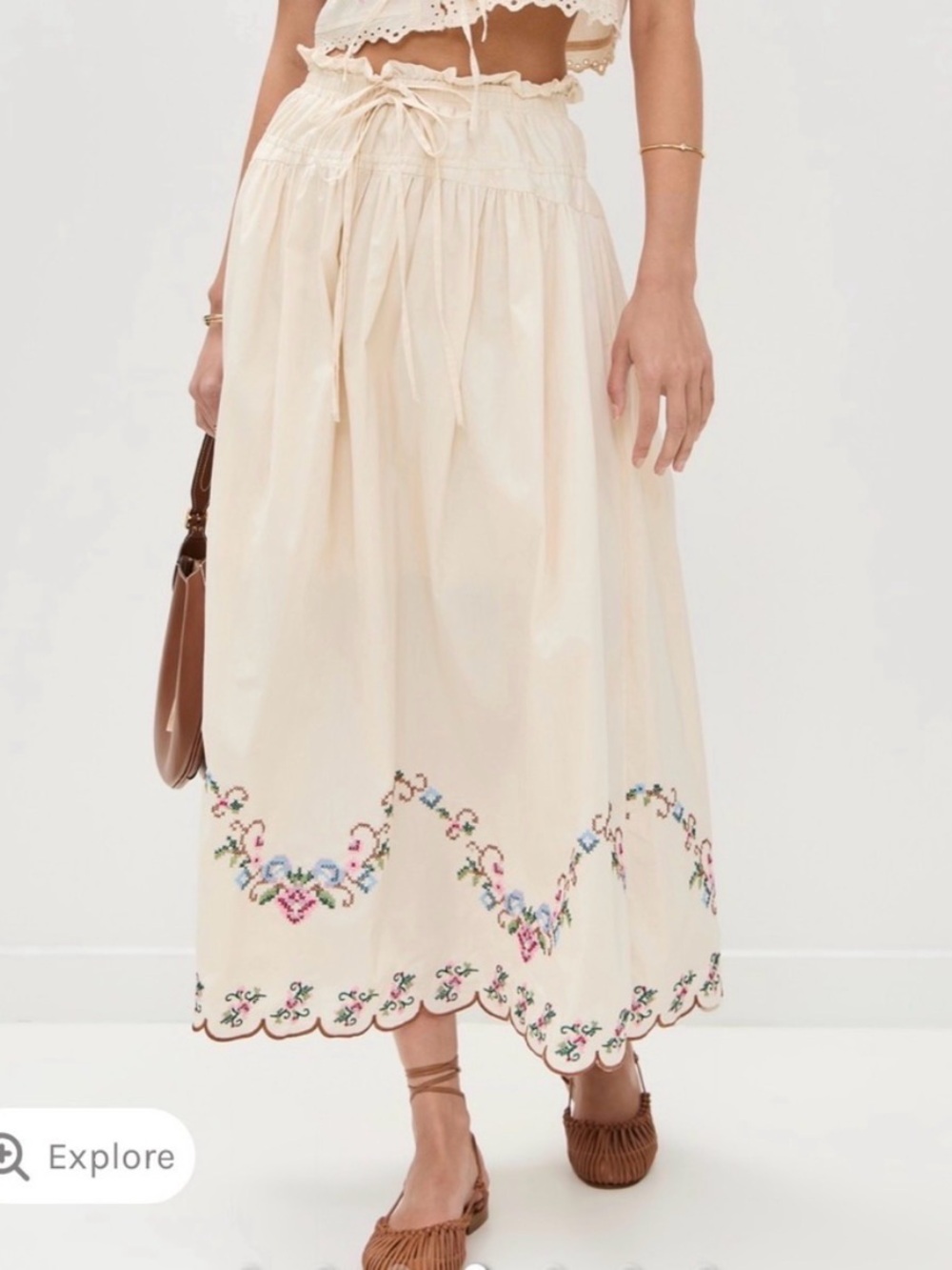 Moon River Cream Embroidered A-Line Midi Skirt